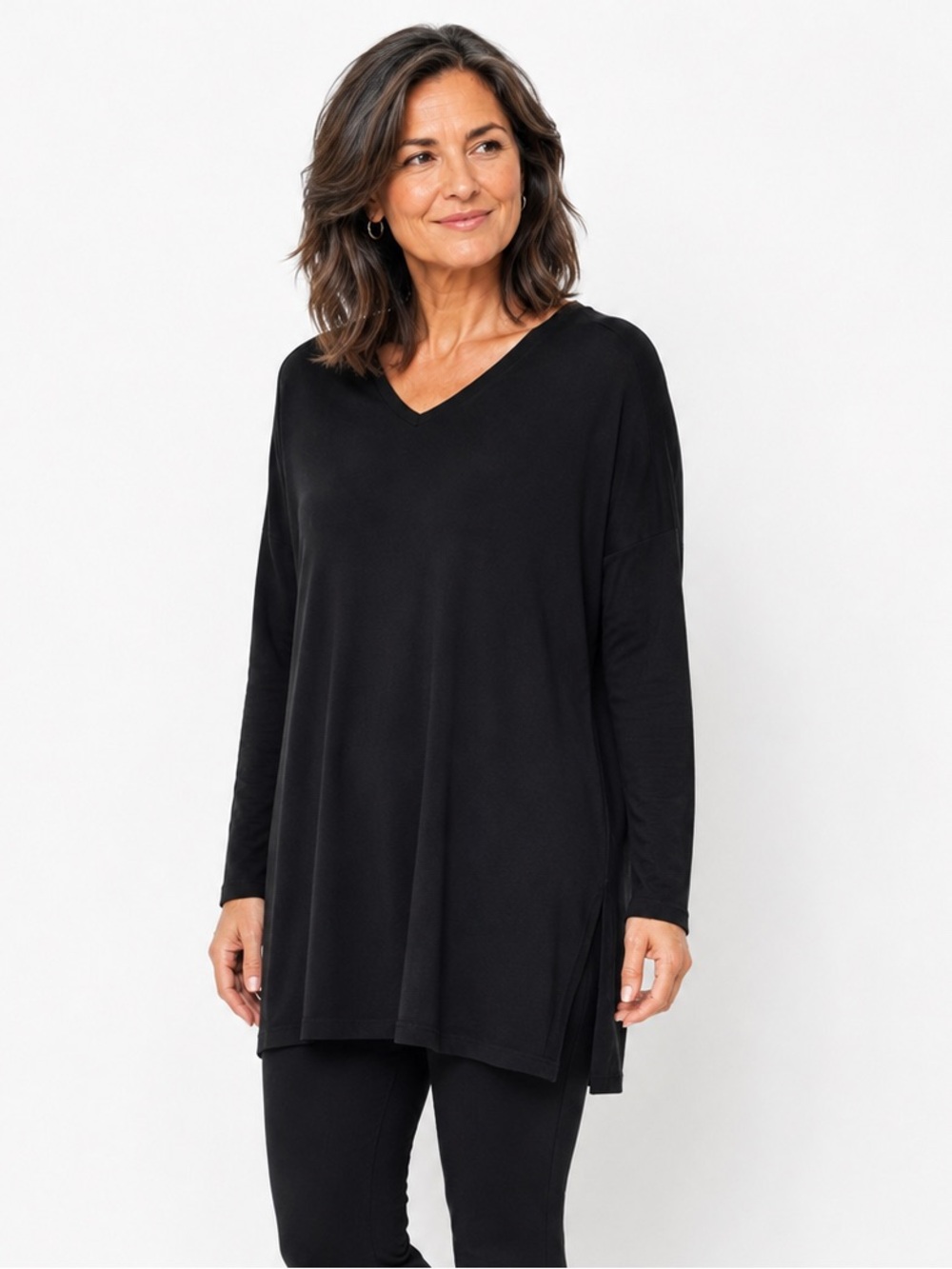 Eileen Fisher Black Stretch Tunic Top Women’s Medium V-Neck Long Sleeve